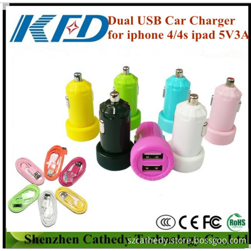 Colorful Dual USB Car Charger for iPhone 4/4s iPad iPod 5V3a